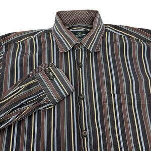 Bugatchi Large Brown Gold Striped Pattern‎ Long Sleeve Button Up Shirt